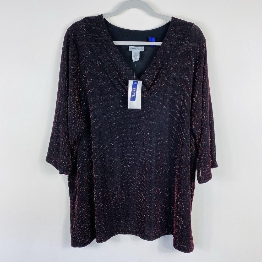 Catherines Top 1X Petite Shimmer Metallic Sparkle Blouse 3/4 Sleeve Black Red
